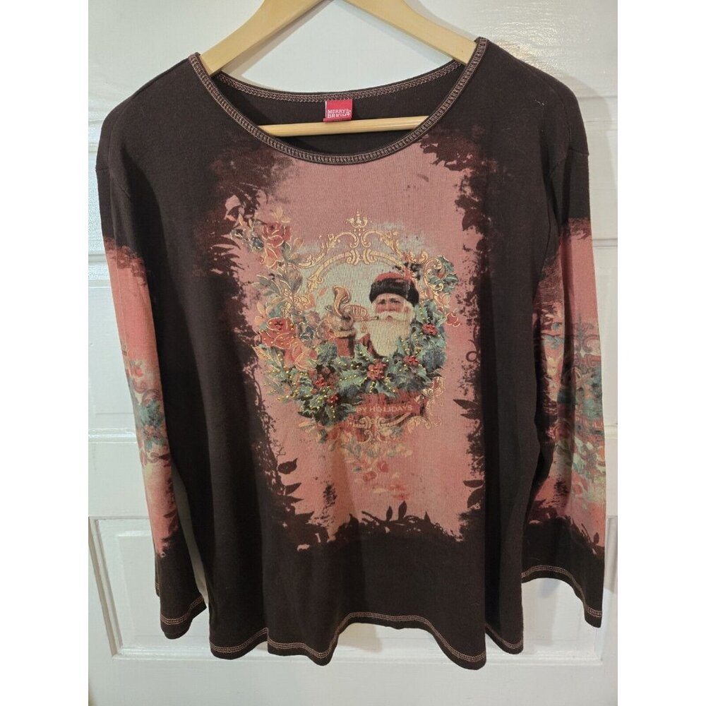 Merry And Bright Vintage Women's Christmas Top, Size XL Sleeves & Back Design